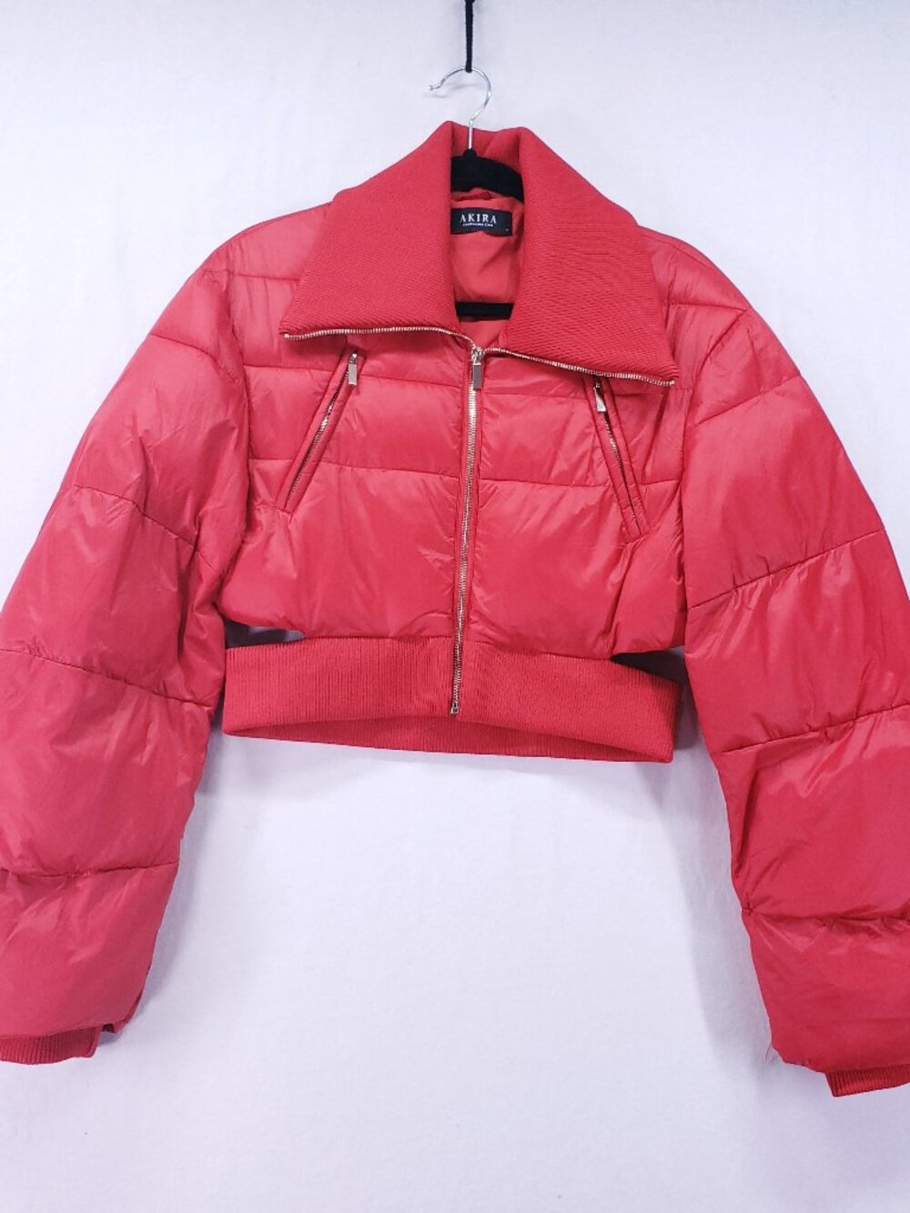 Akira Red Cropped Puffer Jacket Size Small Full Zip Zipped Pockets Long Sleeve